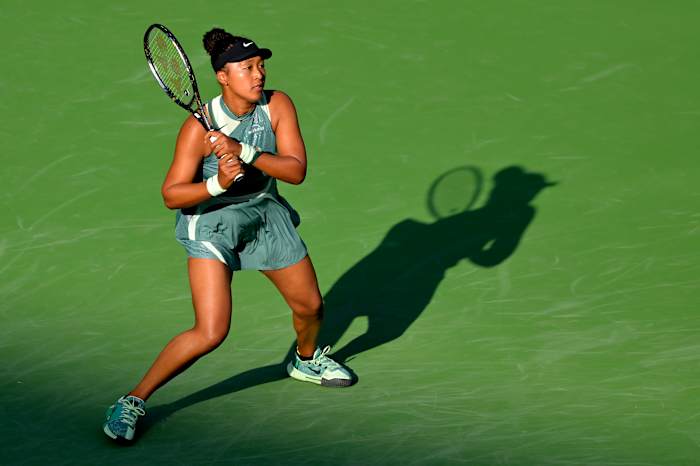 Naomi Osaka hits a shot at the Indian Wells Tennis Garden.